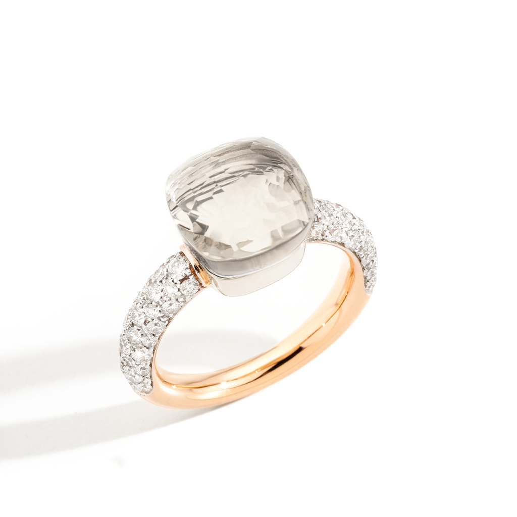 Pomellato Sabbia rings in rose gold, set with white, black