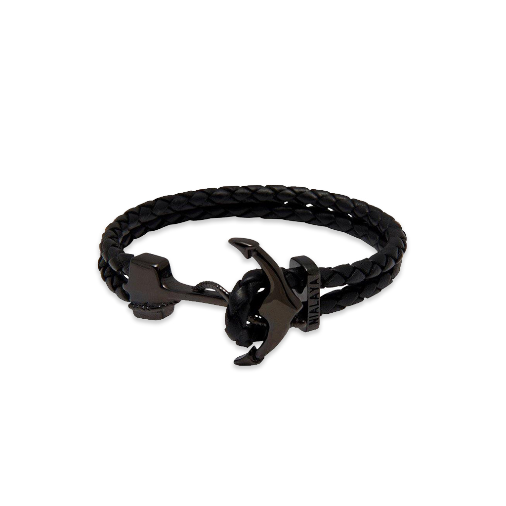 Nialaya Men&#8217;s Black Leather Bracelet with Black Anchor