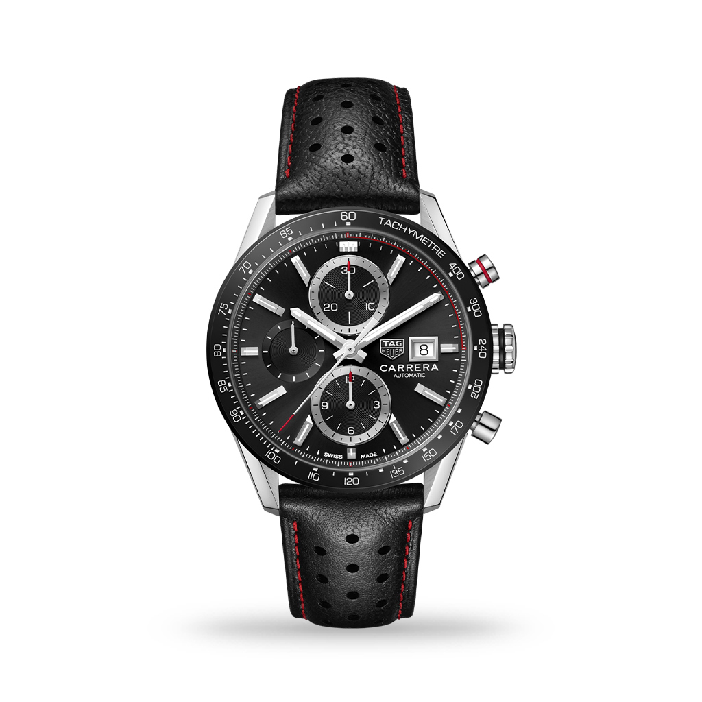 TAG Heuer Carrera Automatic Chronograph Black Dial 41mm Leather Strap