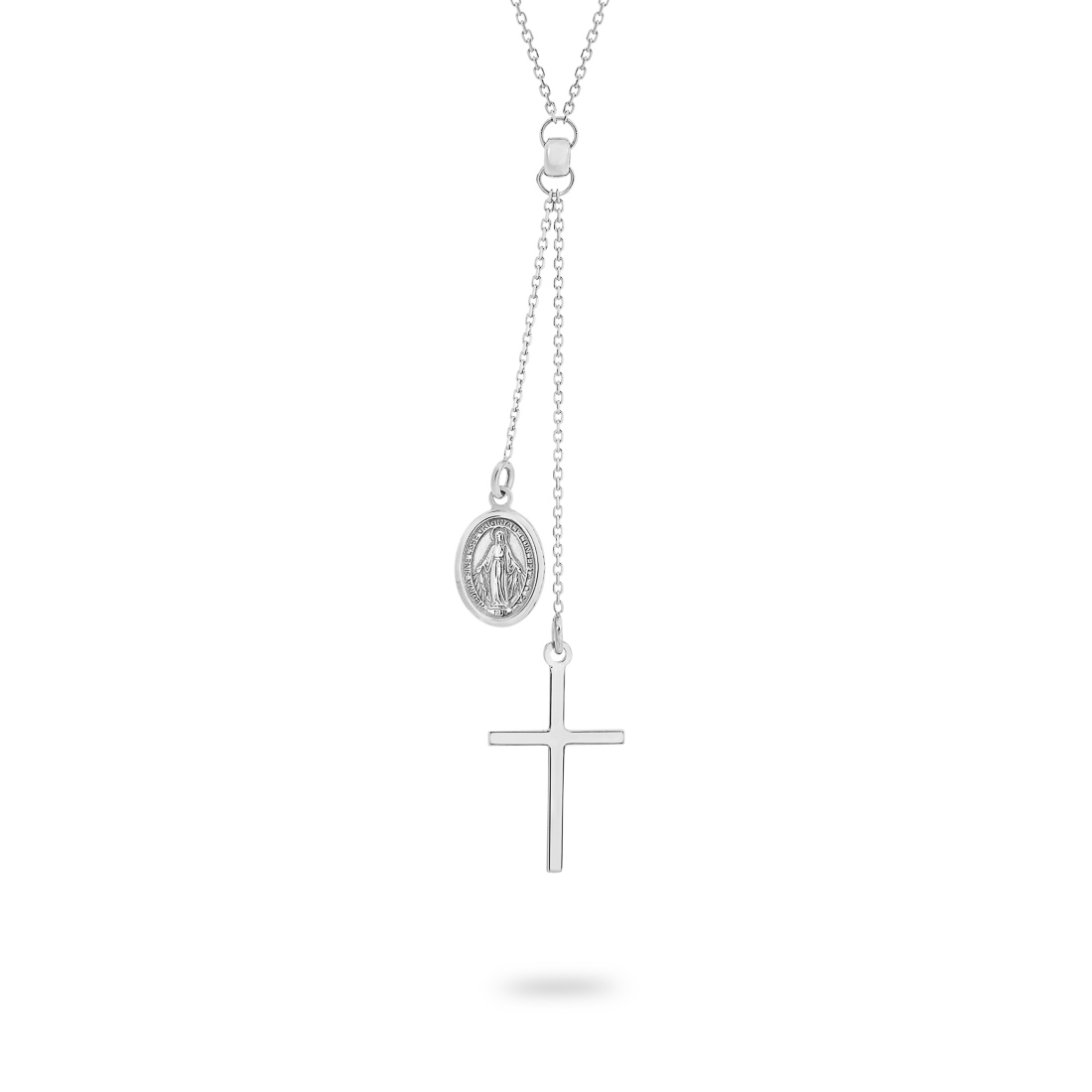 18K White Gold Blessed Virgin Mary Medal &#038; Cross Necklace
