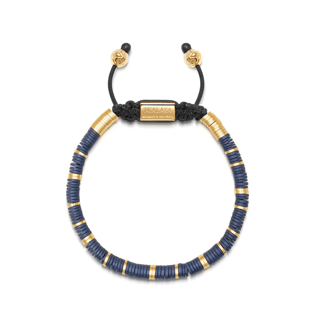 Nialaya Men's Beaded Bracelet with Navy Blue and Gold Disc Beads