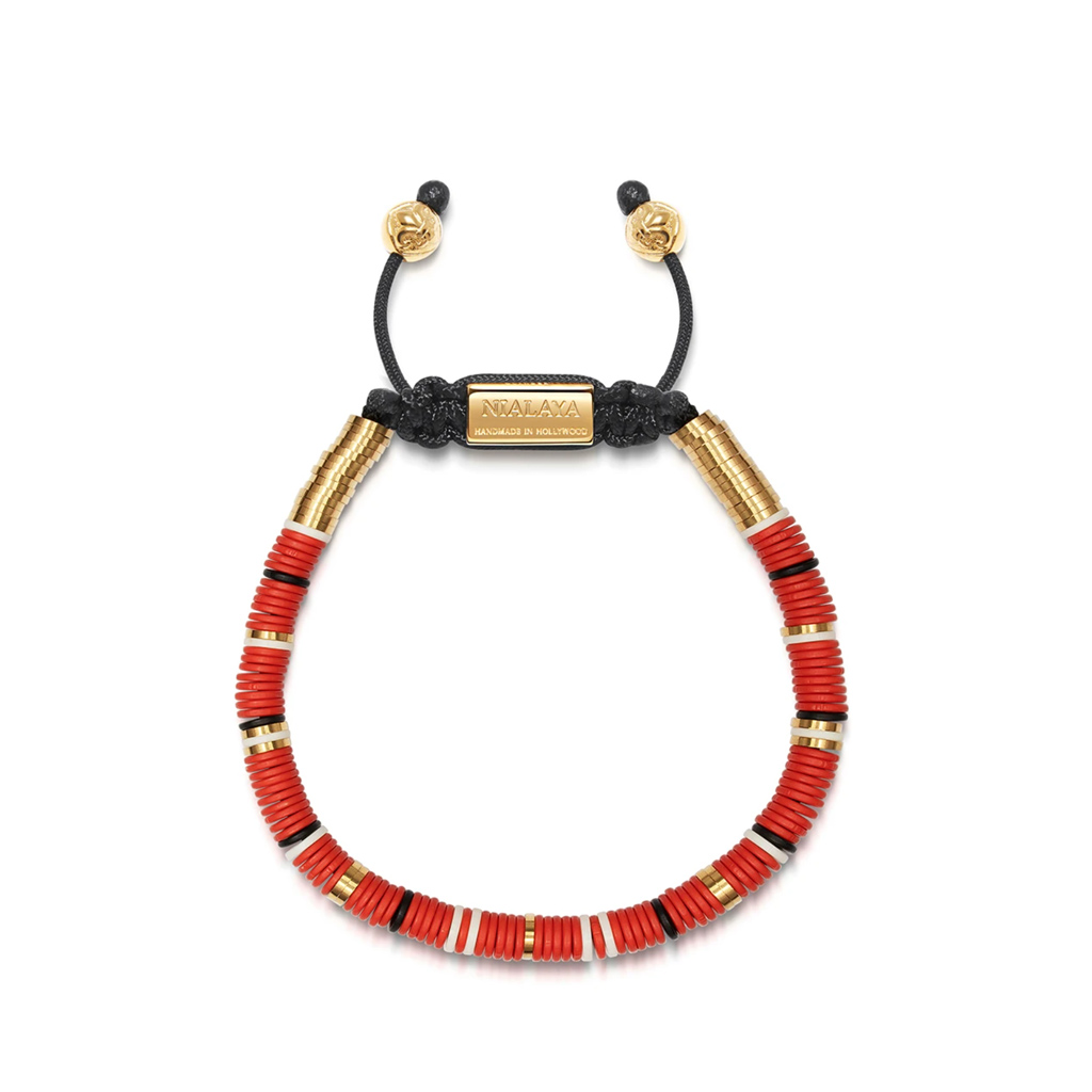 Nialaya Men's Beaded Bracelet with Red, White and Gold Disc Beads