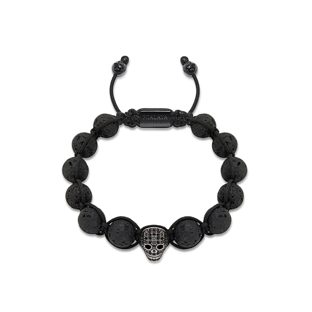 Nialaya Men's Beaded Bracelet with Black CZ Diamond Skull and Lava Stone
