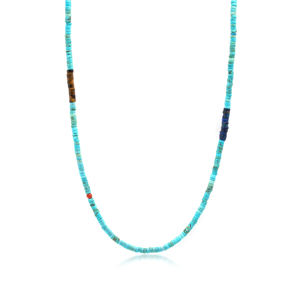 Nialaya Men's Beaded Turquoise Heishi Necklace with Tiger Eye and Blue Lapis