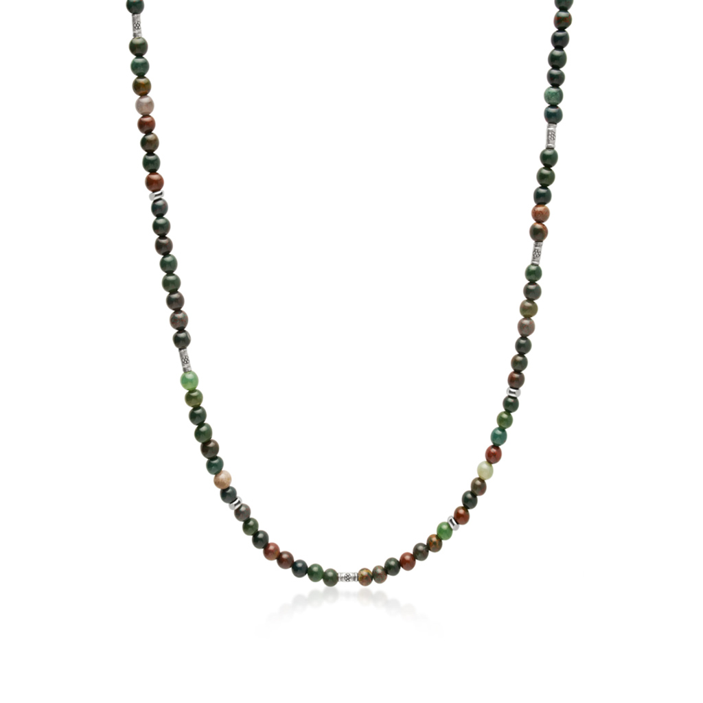 Nialaya Men's Beaded Necklace with Oriental Jasper and Sterling Silver Tube Beads