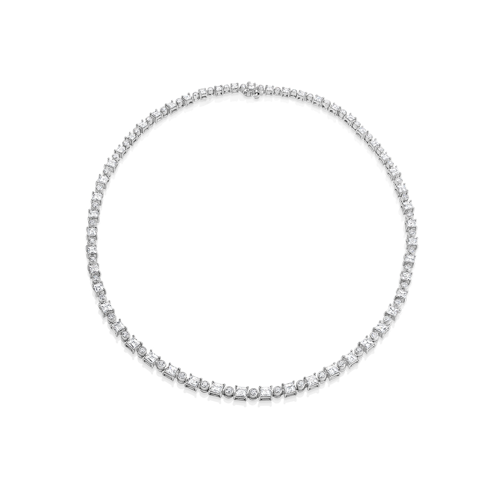 18K White Gold Tycoon Square &#038; Round Brilliant Diamond Tennis Necklace