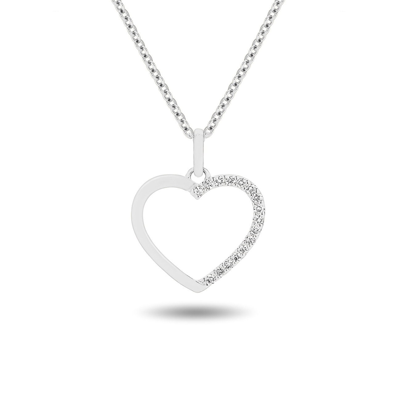 18K White Gold Plain & Diamond Claw Set Heart Pendant