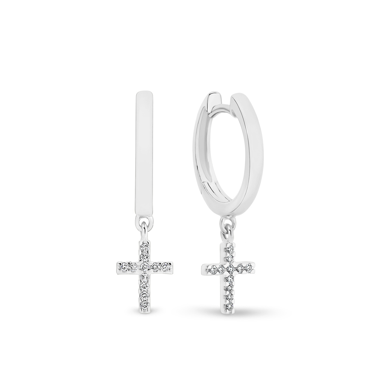 18K White Gold Diamond Cross Huggie Earrings