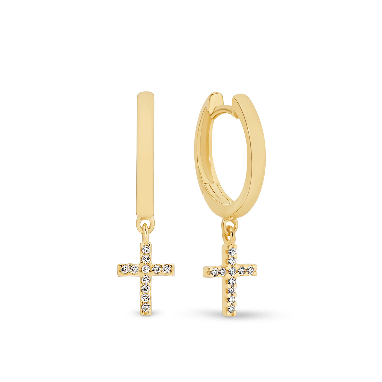 18K Yellow Gold Diamond Cross Huggie Earrings