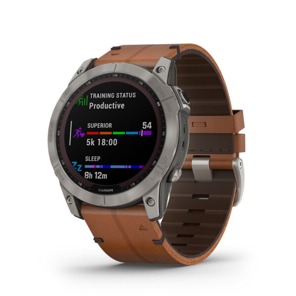 front face of garmin watch with chestnut leather band