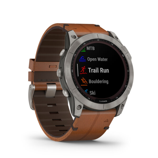 front of garmin watch with chestnut leather band