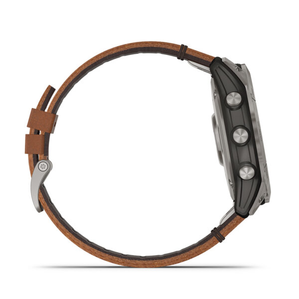 side profile of garmin fenix watch with chestnut leather band