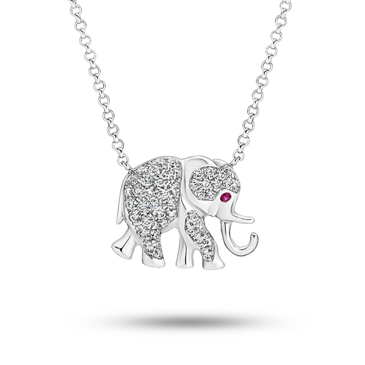 18K White Gold Ruby & Diamond Elephant Necklace