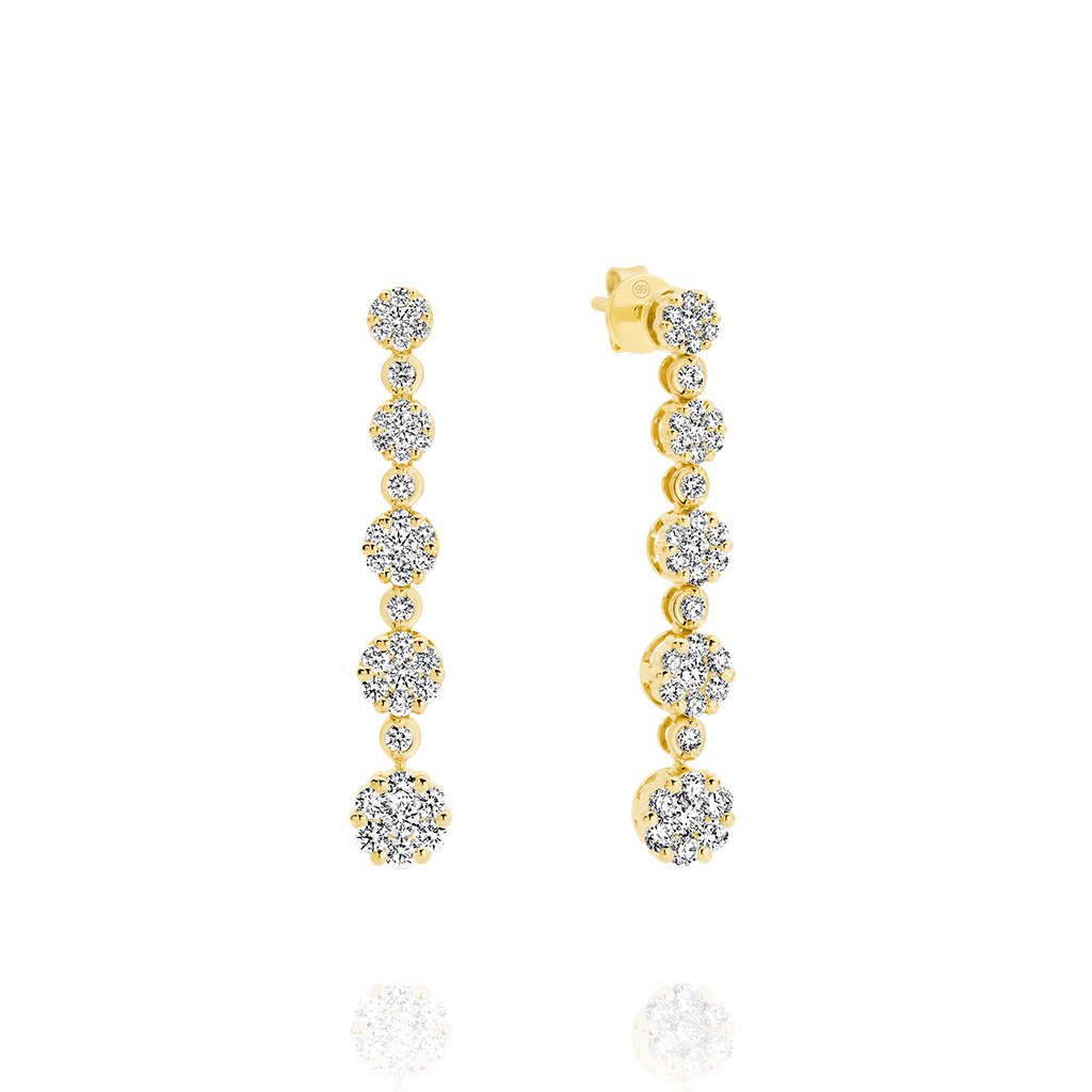 18K Yellow Gold Diamond Cluster Drop Earrings