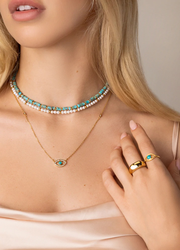 Nialaya Heishi Turquoise Necklace with Gold | Model# WNECK_148