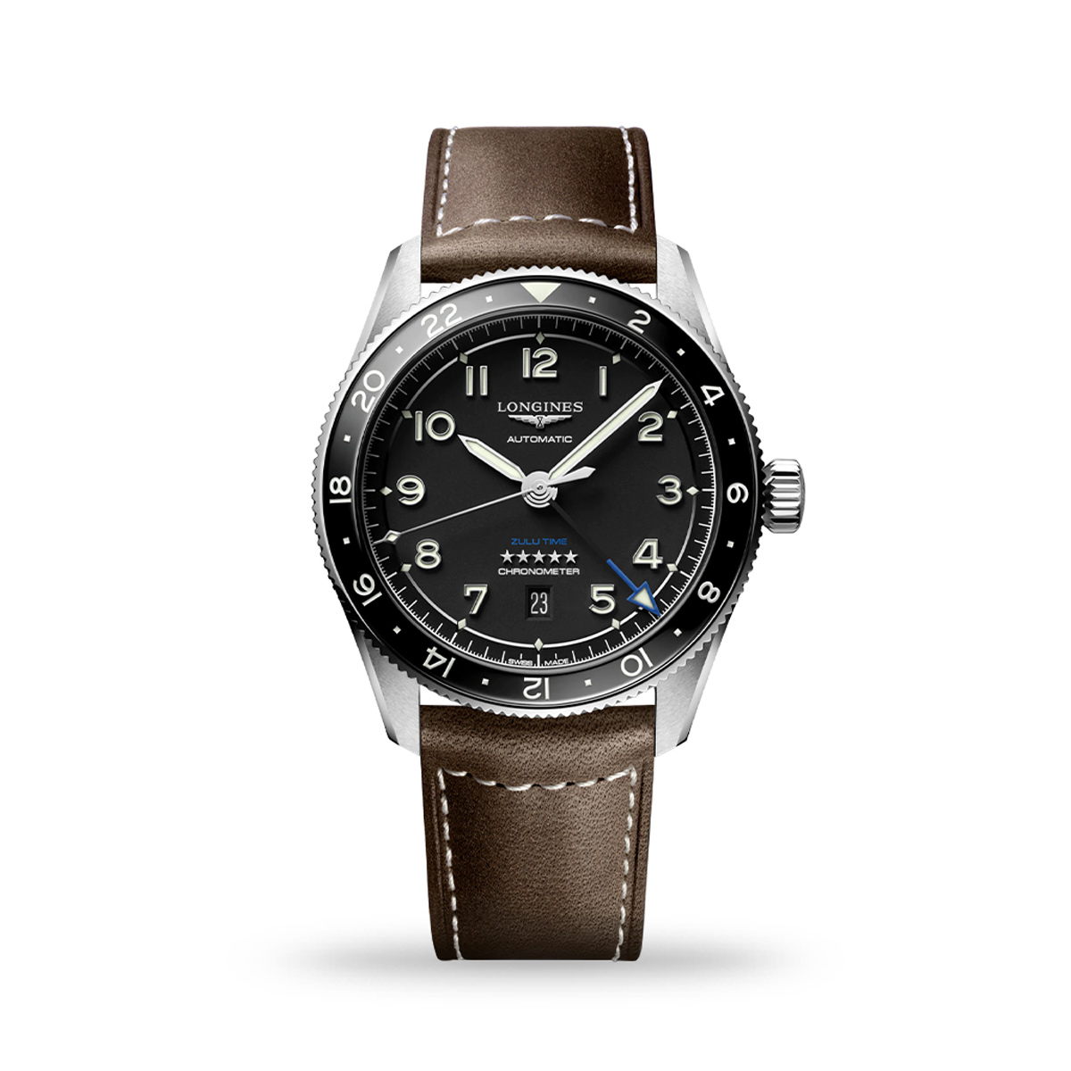 Longines Spirit Zulu Time Automatic 42mm Black Dial Leather Strap