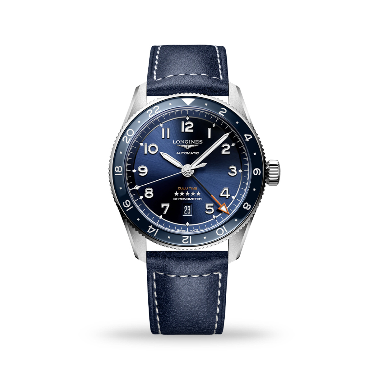 Longines Spirit Zulu Time Automatic 42mm Blue Dial Leather Strap