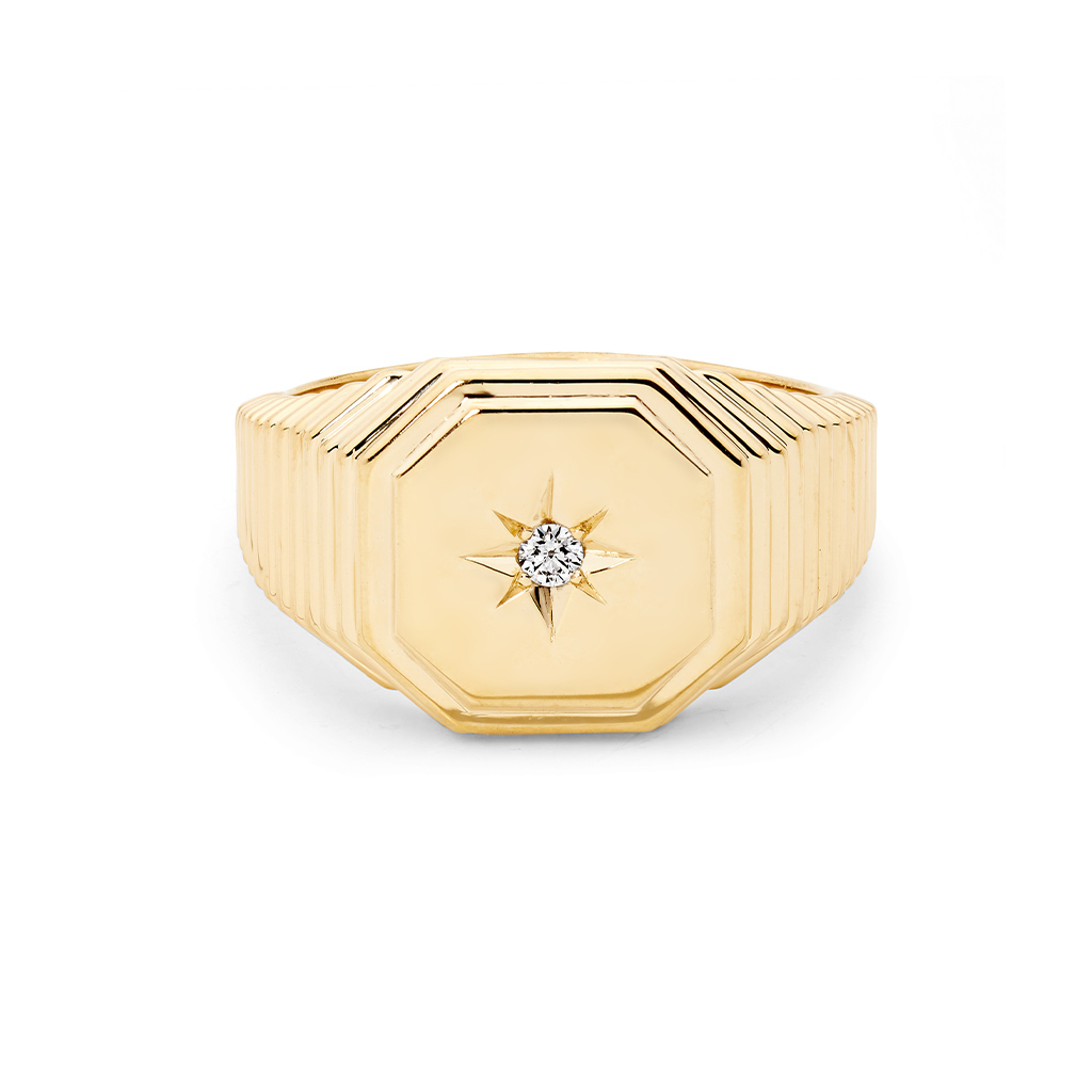 9K Yellow Gold Diamond Octagon Signet Ring