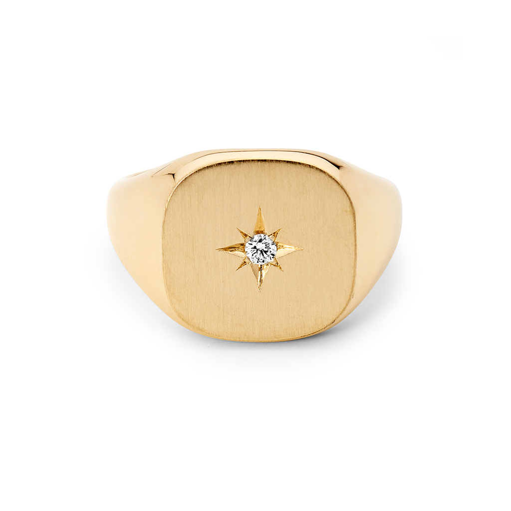 9K Yellow Gold Diamond Cushion Signet Ring