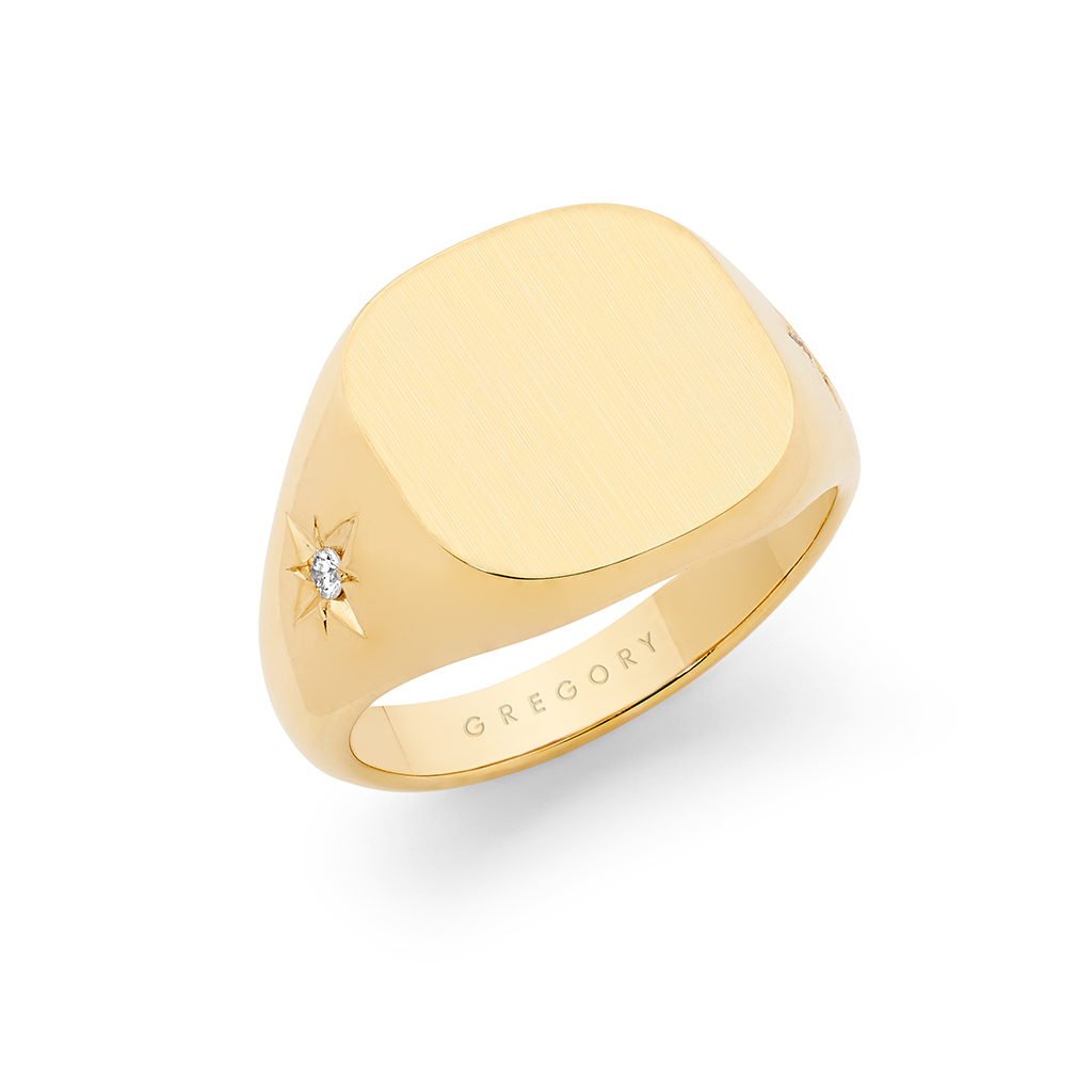 9K Yellow Gold Twin Diamond Cushion Signet Ring