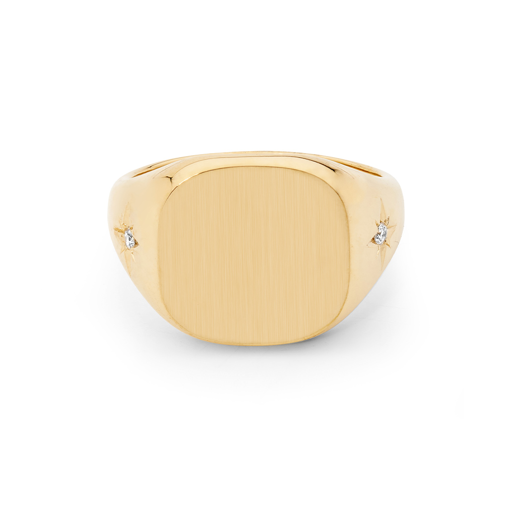 9K Yellow Gold Twin Diamond Cushion Signet Ring