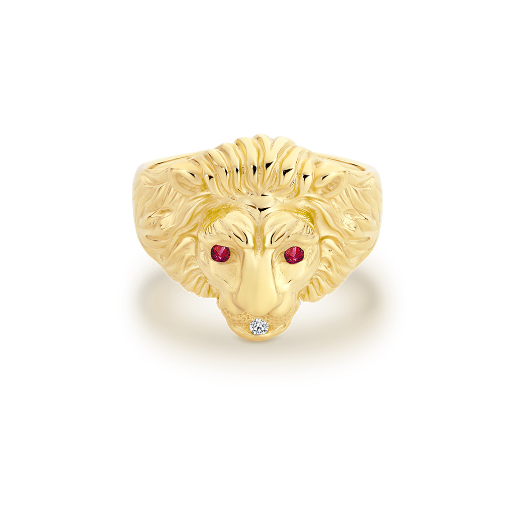 9K Yellow Gold Ruby &#038; Diamond Large Lion Ring