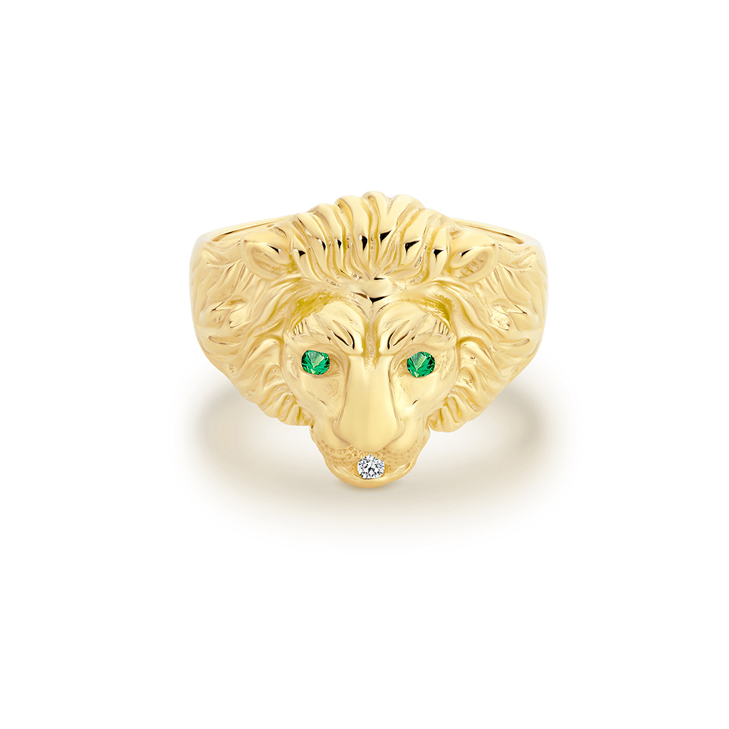 9K Yellow Gold Green Emerald & Diamond Large Lion Ring