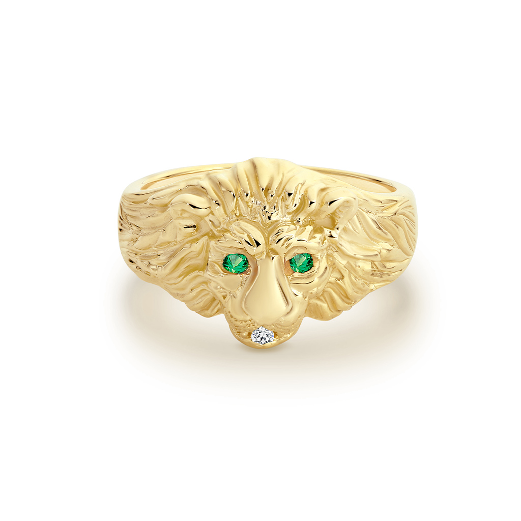 9K Yellow Gold Green Emerald & Diamond Small Lion Ring