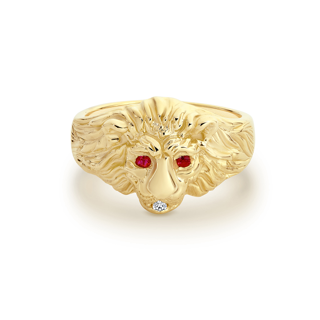 18K Yellow Gold Ruby &#038; Diamond Small Lion Ring