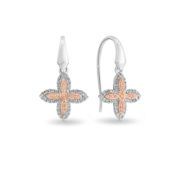 18K Two-Tone White & Pink Diamond Cross Drop Earrings | N562