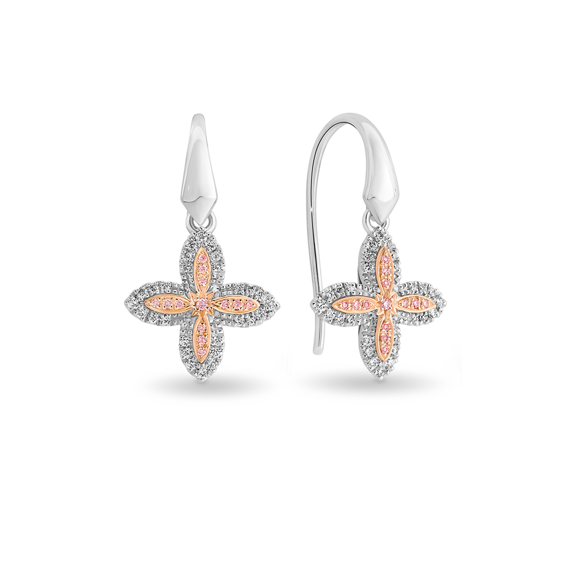 18K Two-Tone White &#038; Pink Diamond Cross Drop Earrings