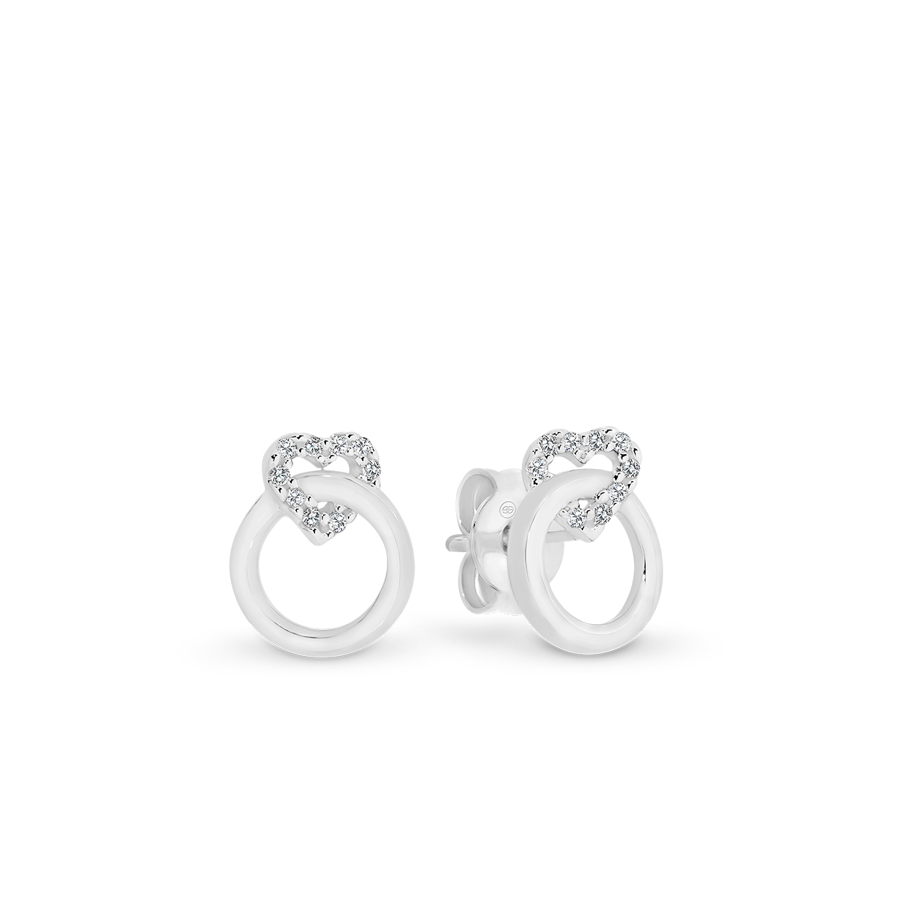 18K White Gold Diamond Heart &#038; Circle Stud Earrings