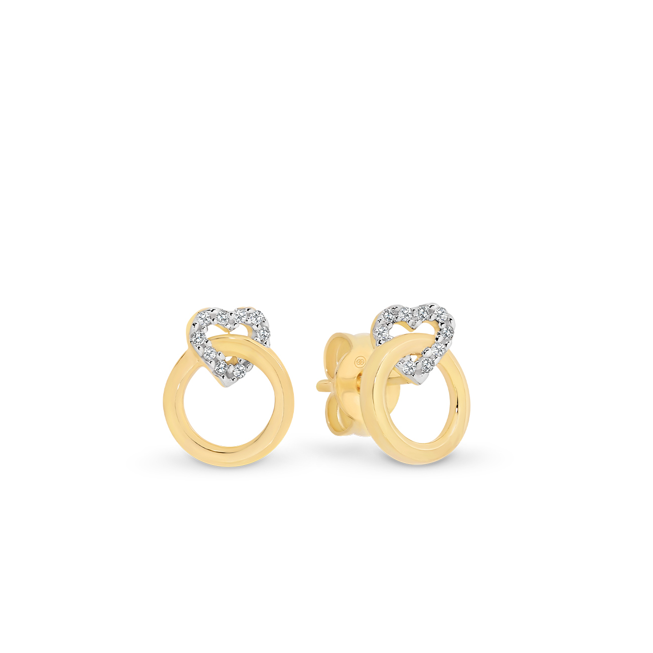 18K Yellow Gold Diamond Heart &#038; Circle Stud Earrings