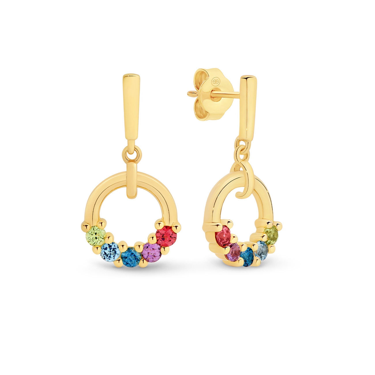 18K Yellow Gold Multi-Coloured Gemstone Circle Drop Earrings
