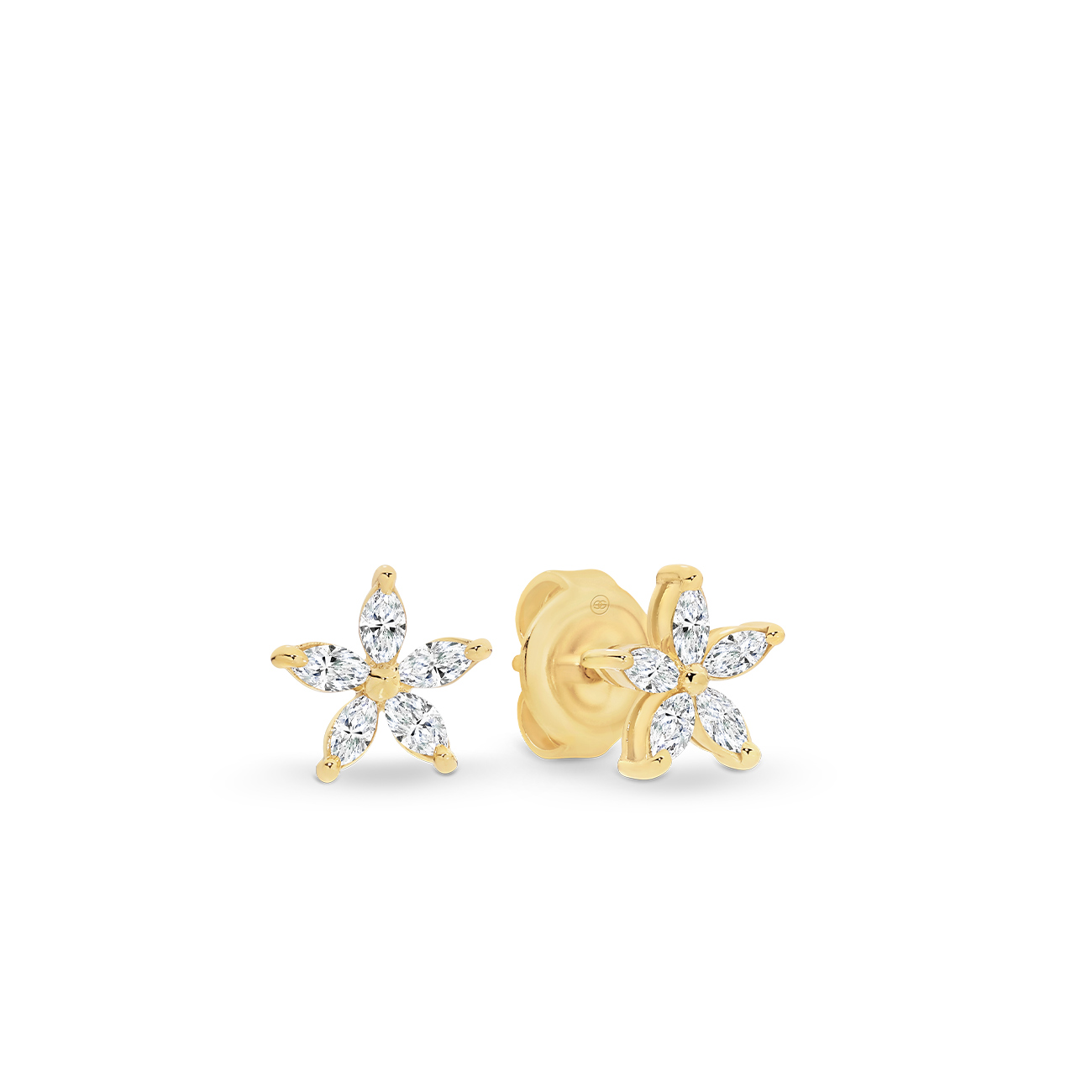 18K Yellow Gold Diamond Marquise Flower Stud Earrings