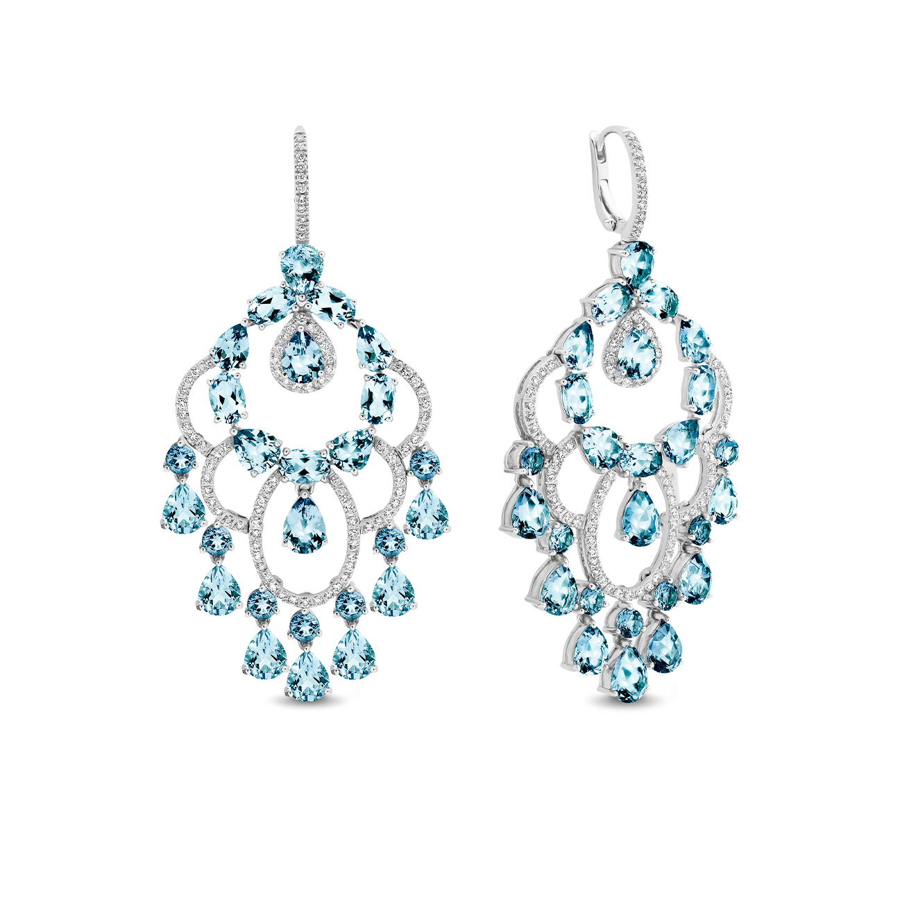 18K White Gold Blue Topaz &#038; Diamond Chandelier Drop Earrings