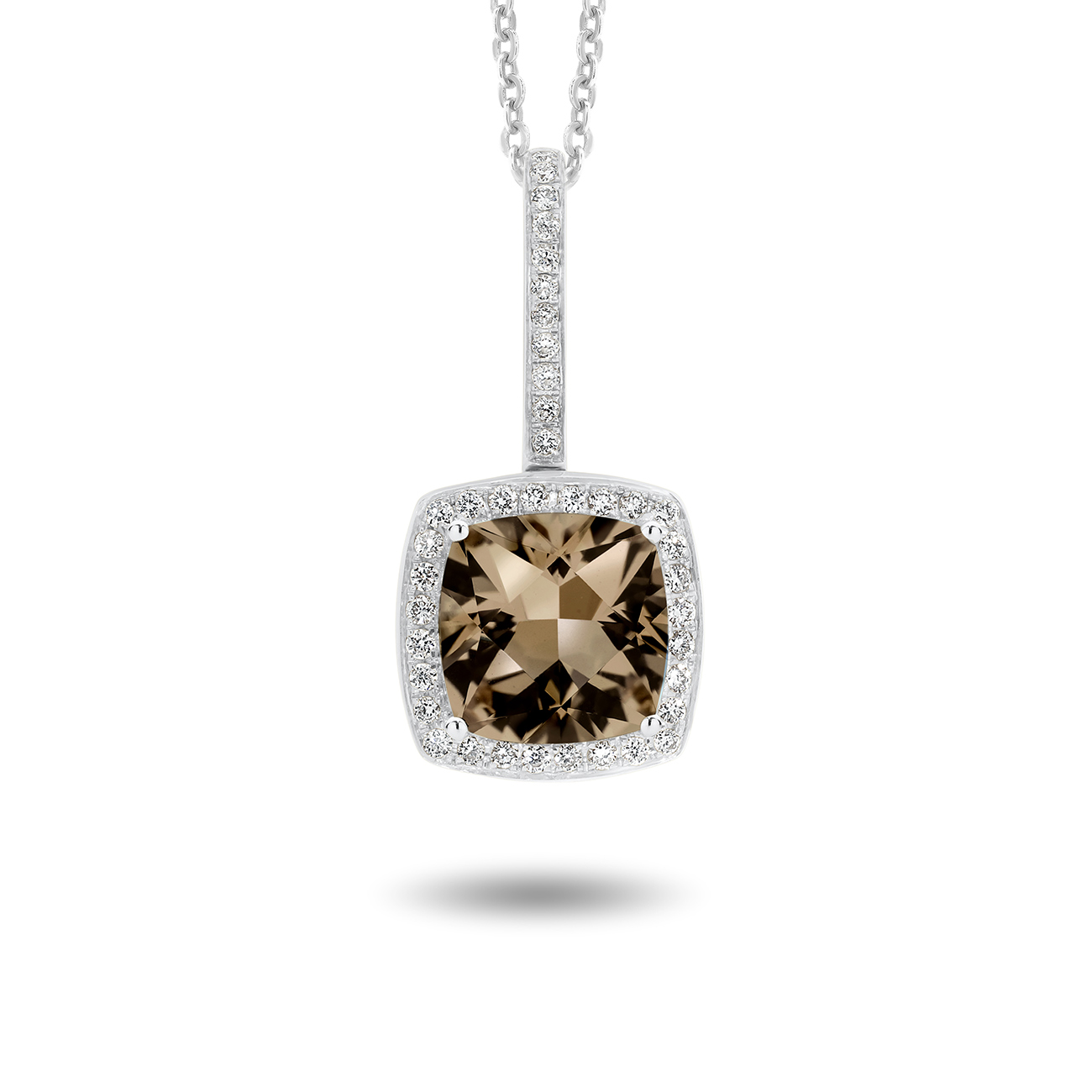 18K White Gold Tycoon Cushion Smokey Quartz Diamond Halo Pendant