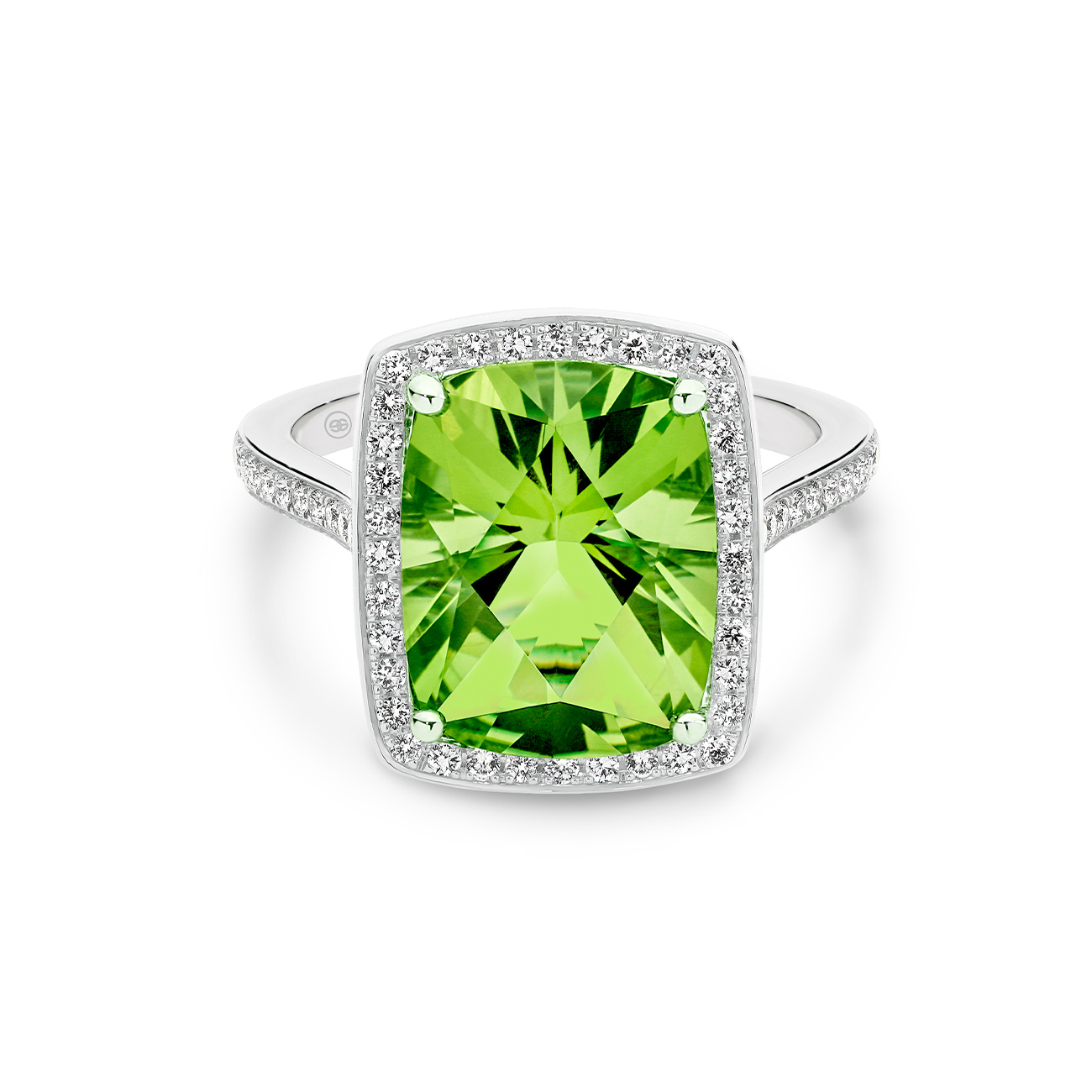 18K White Gold Cushion Cut Peridot &#038; Diamond Cocktail Ring