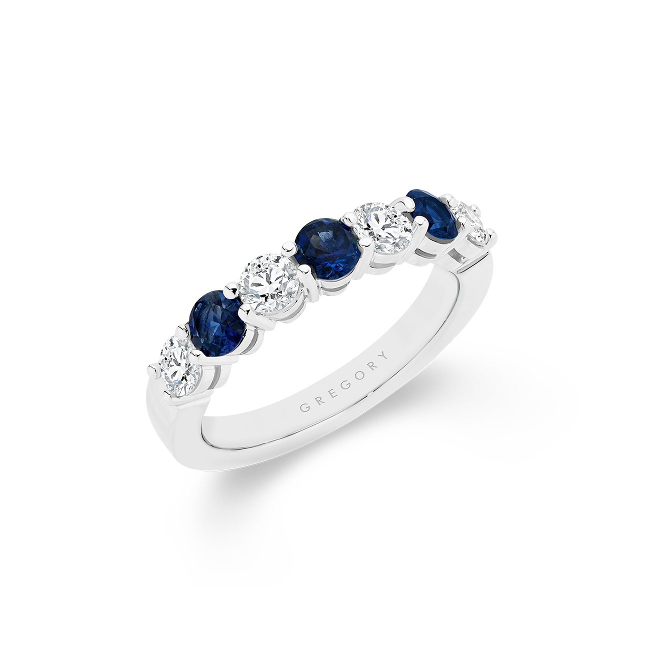 18K White Gold Claw Set Round Blue Sapphire Diamond Band
