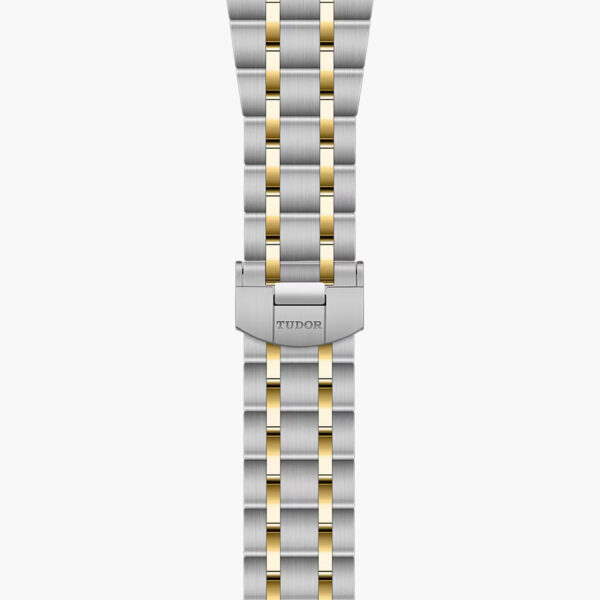 Integrated bracelet in 316L steel and yellow gold, 5 rows, satin-brushed external and central links, polished intermediate links, with folding clasp and safety catch