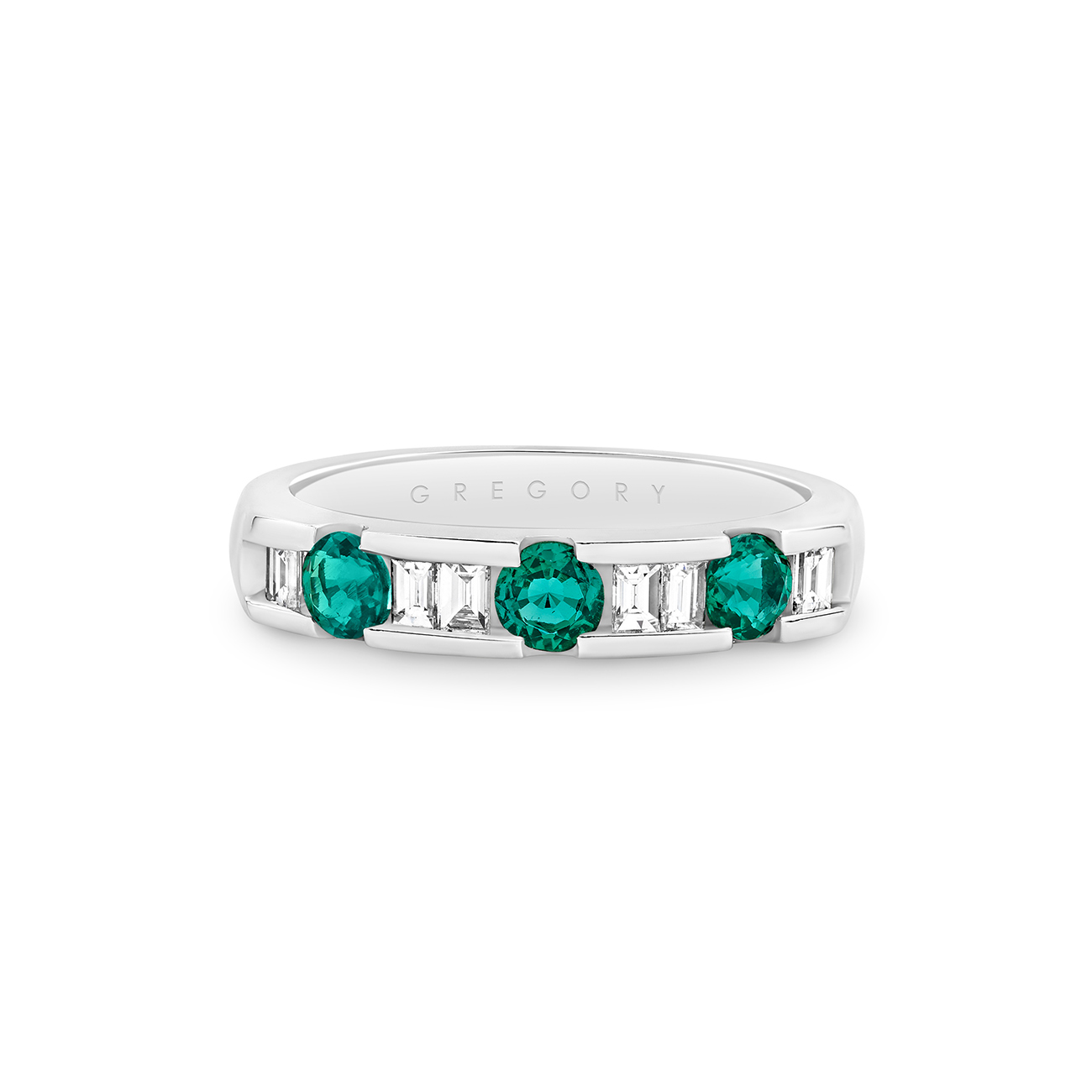 18K White Gold Channel Set Lab Grown Green Emerald &#038; Diamond Band