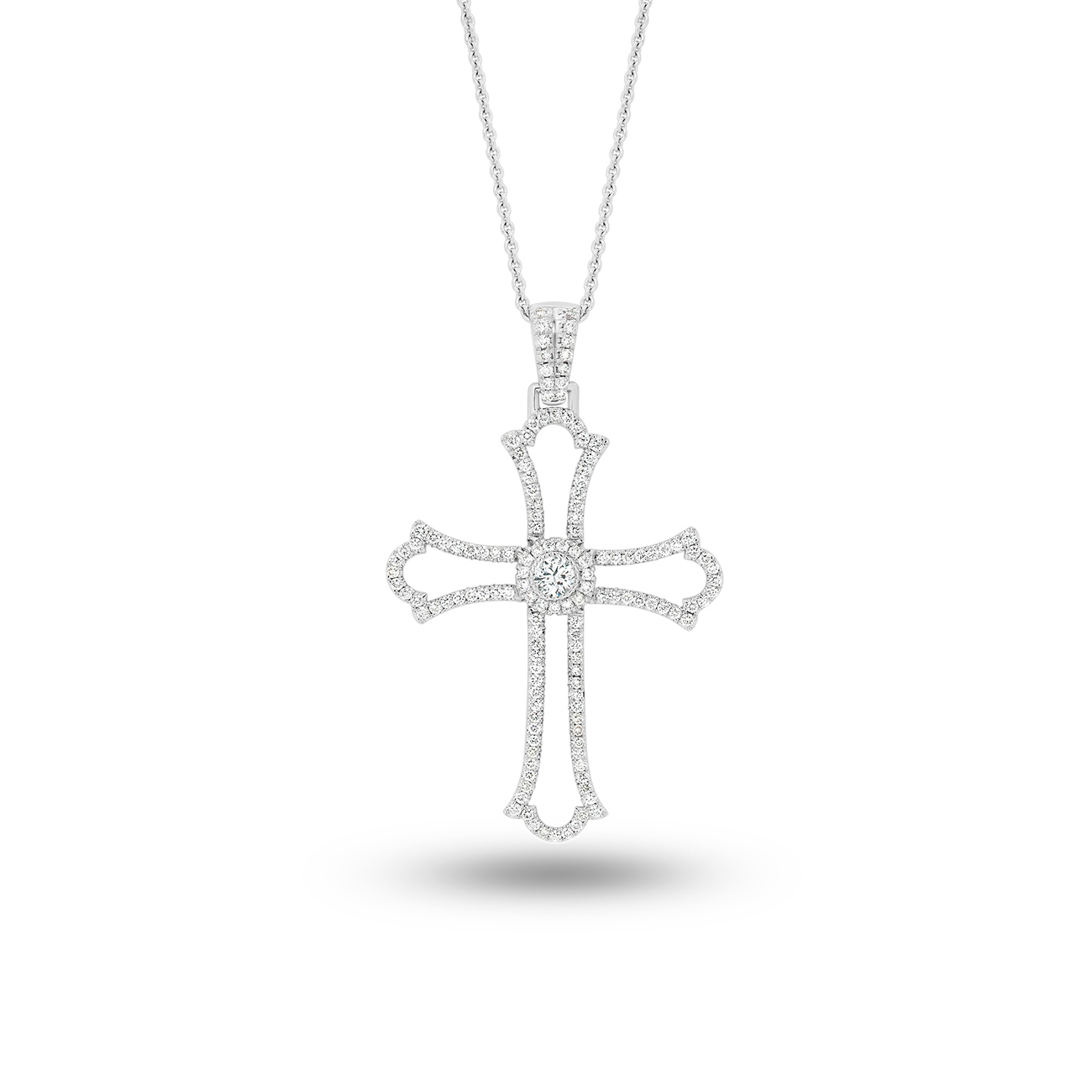 18K White Gold Round Brilliant Diamond Fancy Cross Pendant