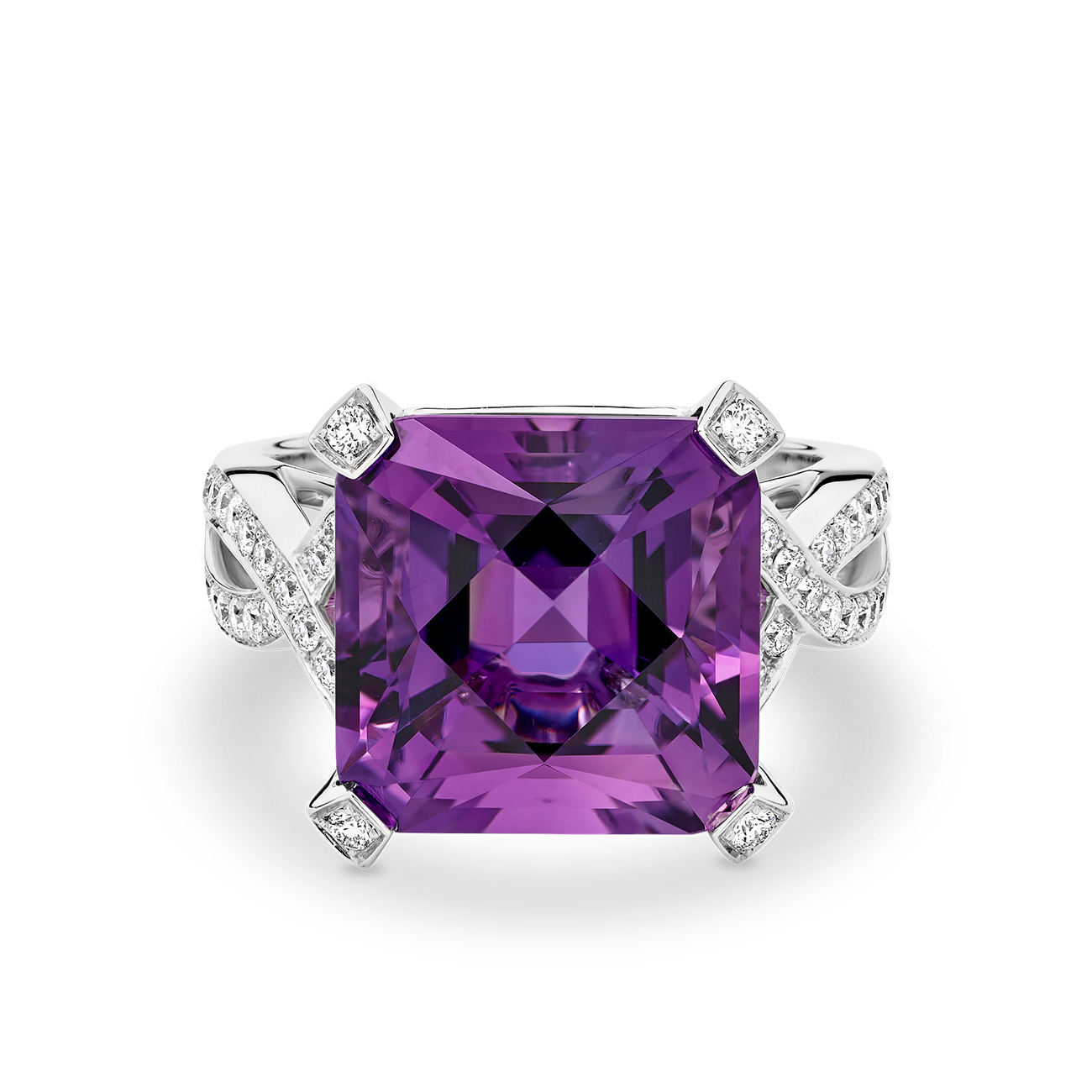 18K White Gold Tycoon Square Amethyst &#038; Diamond Cocktail Ring