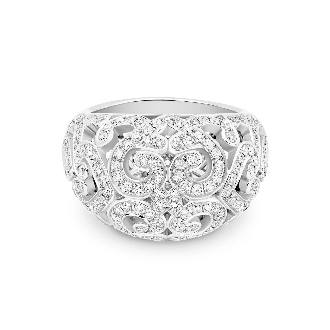 18K White Gold Round Brilliant Diamond Pave High Dome Fancy Cocktail Ring