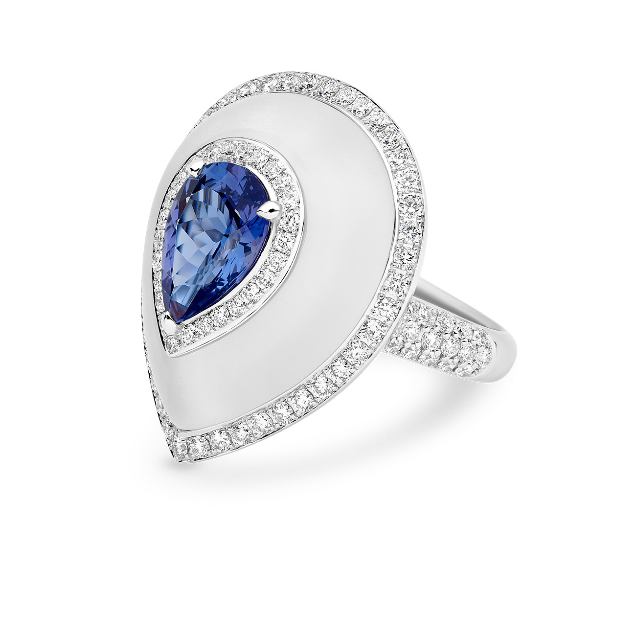 18K White Gold Tanzanite, Quartz &#038; Diamond Halo Cocktail Ring