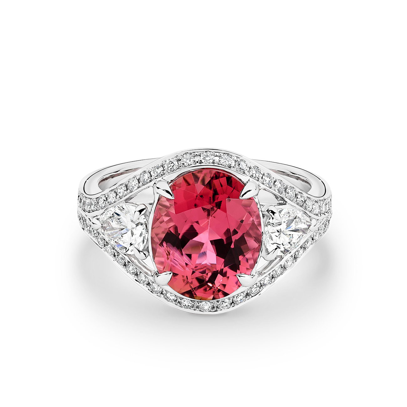 18K White Gold Pink Tourmaline &#038; Diamond Fancy Trilogy Ring