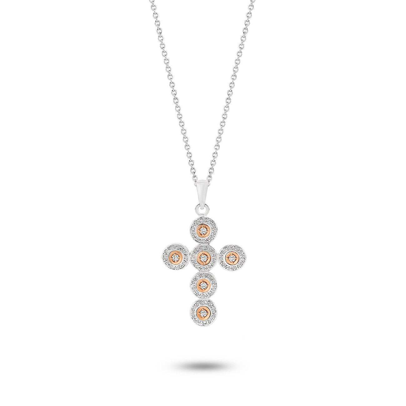 18K Rose &#038; White Gold Diamond Halo Cross Pendant &#8211; Small