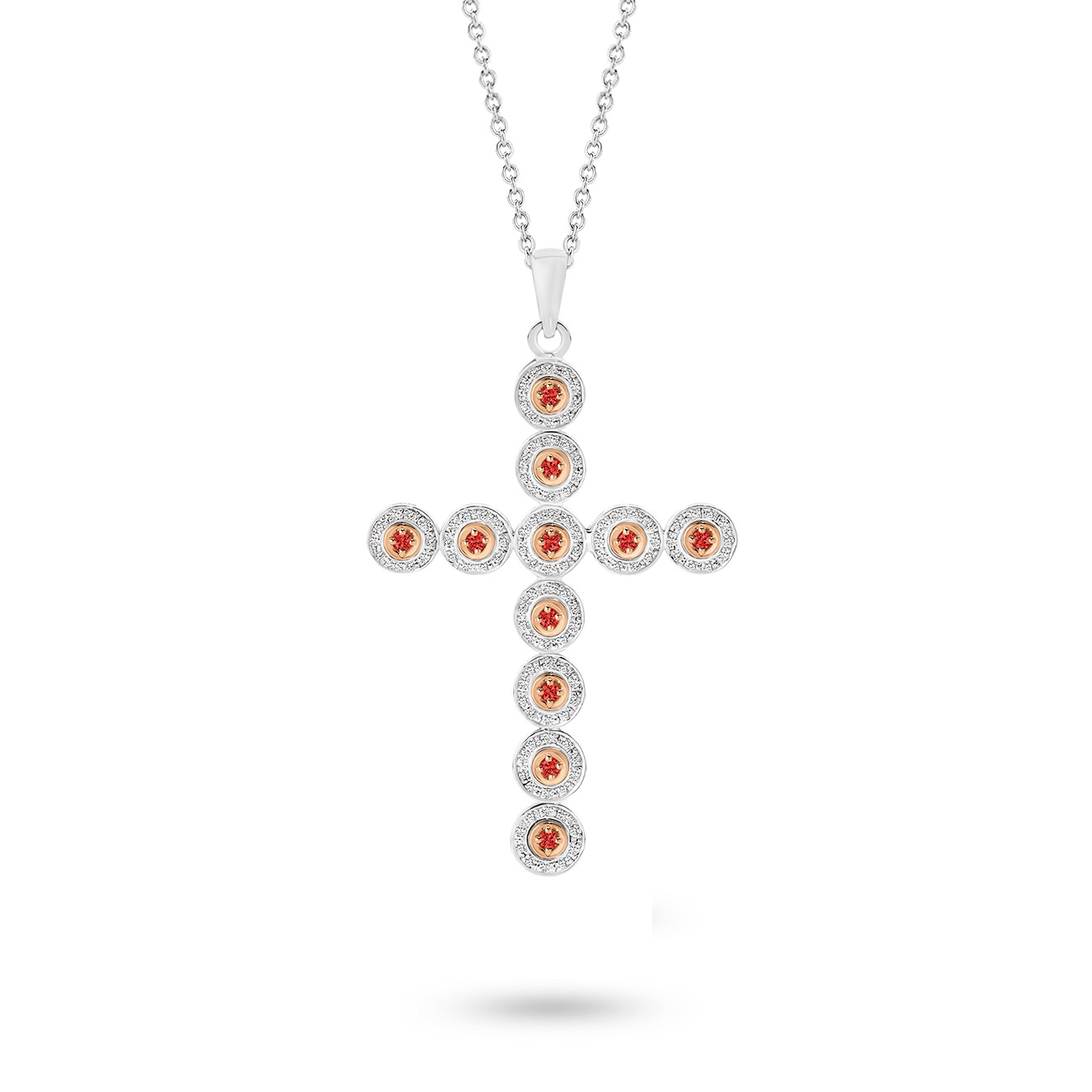 18K Rose &#038; White Gold Ruby &#038; Diamond Halo Cross Pendant &#8211; Large