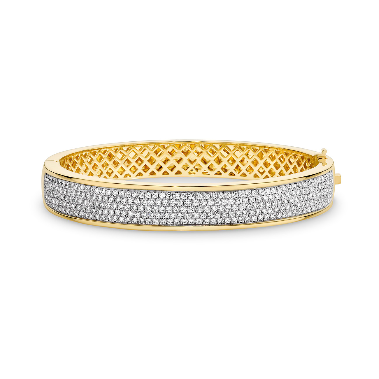 18K Yellow &#038; White Gold Round Brilliant Pave Set Diamond Bangle