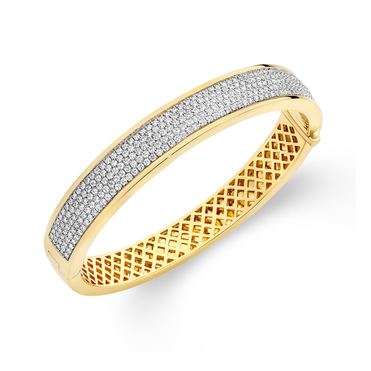 18K Yellow &#038; White Gold Round Brilliant Pave Set Diamond Bangle